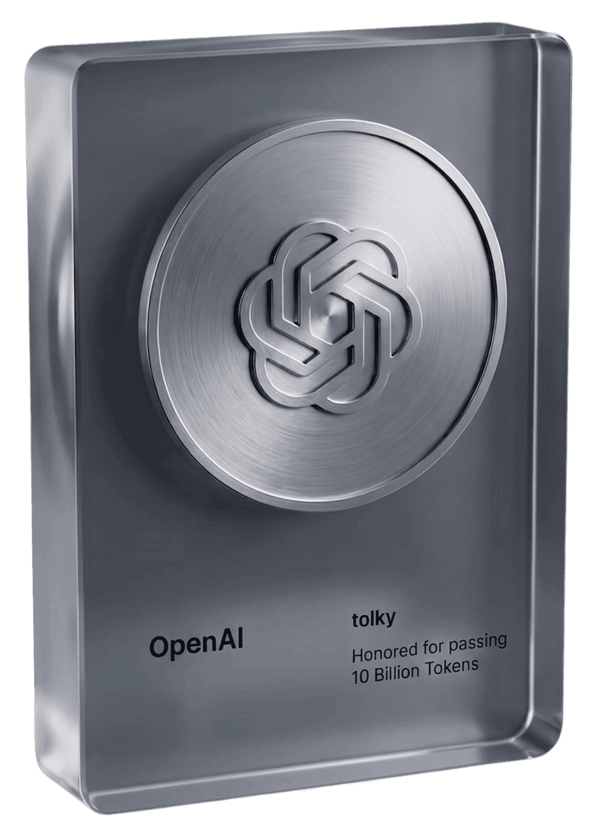 Placa de reconhecimento OpenAI à Tolky por ultrapassar 10 bilhões de tokens processados
